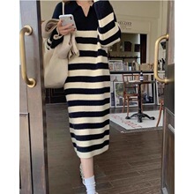 黑白条纹领针织连衣裙女秋季法式气质中长款毛衣裙慵懒风裙子