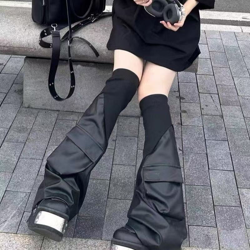 跨境爆款新款暗黑RO螺纹皮质拼接立体口袋机能风腿套袜套女ins潮