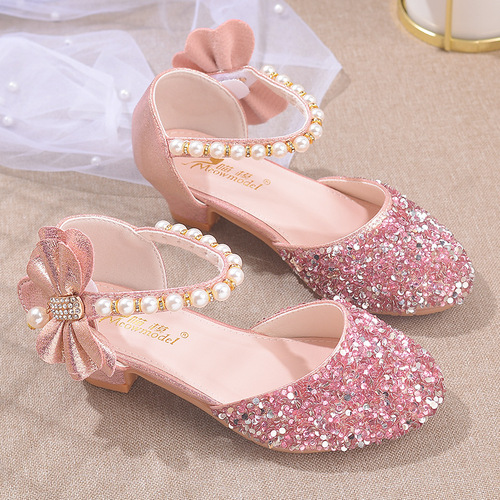 Children's High Heels, Girls' Princess Formal Shoes, Children's Crystal Shoes, Single Shoes, Pearl Sparkle Stage Performance Shoes