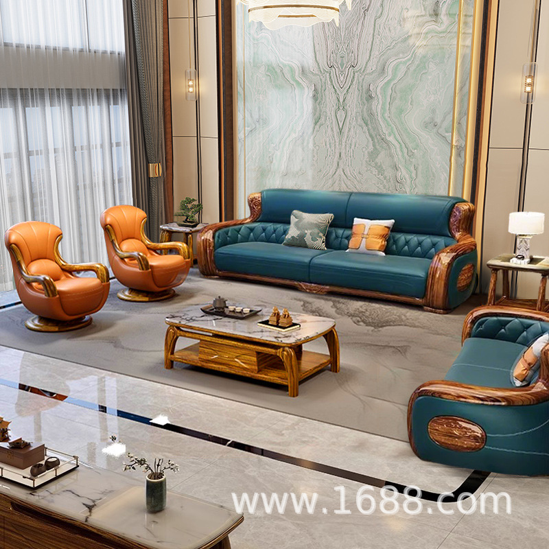 New Chinese-Style Ebony Wood Genuine Leather Sofa 1234 Combination Living Room Villa Solid Wood First Layer Cowhide Four-Seater Straight Row