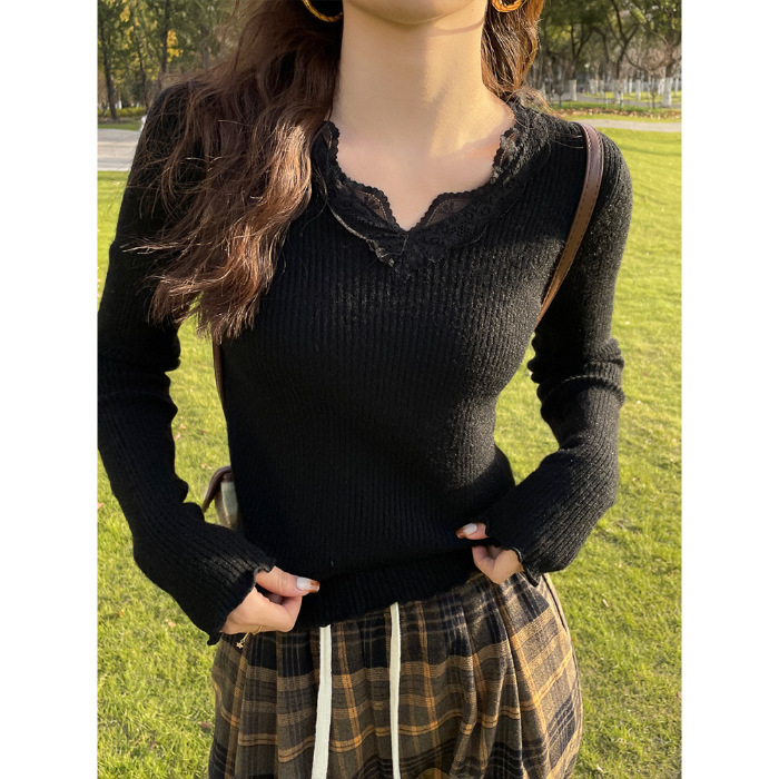 低领蕾丝针织衫设计感内搭毛衣女2025新款春秋冬季V领纯色打底衫|undefined