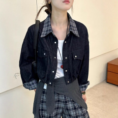 休闲牛仔短外套女2025秋新款气质翻领格子拼接单排扣夹克宽松上衣