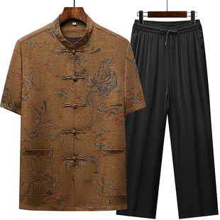 Cross-Border Summer New Style Imitation Fragrant Cloud Yarn Suit for Middle-Aged and Elderly Men, Chinese Style Men's Tops, Shirts, Dad Clothes