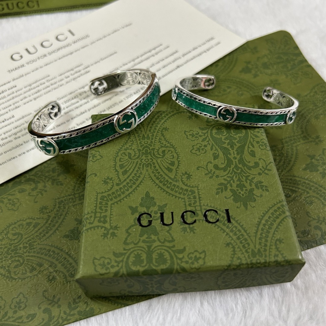 源头厂家925银手镯 古家绿珐琅手镯宽版窄版手环 时尚个性双G手镯