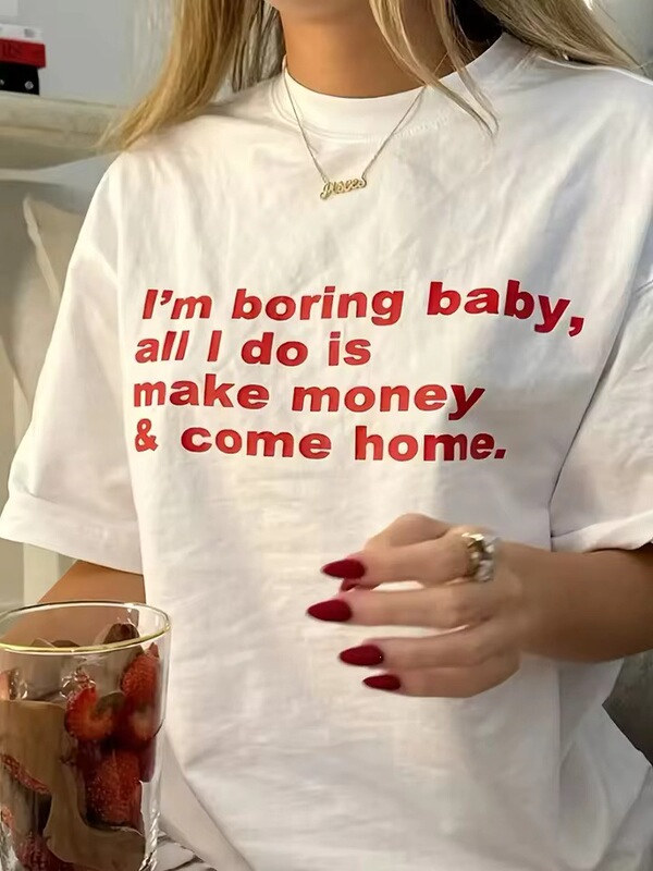 Cotton Hip-Hop Women's Summer Casual Crew Neck T-Shirt with Red Letter Print Short-Sleeve Street T-Shirt