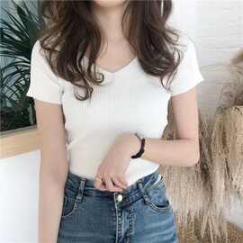 短袖t恤女2023春夏季新款女装半袖修身显瘦V领针织打底衫短款上衣