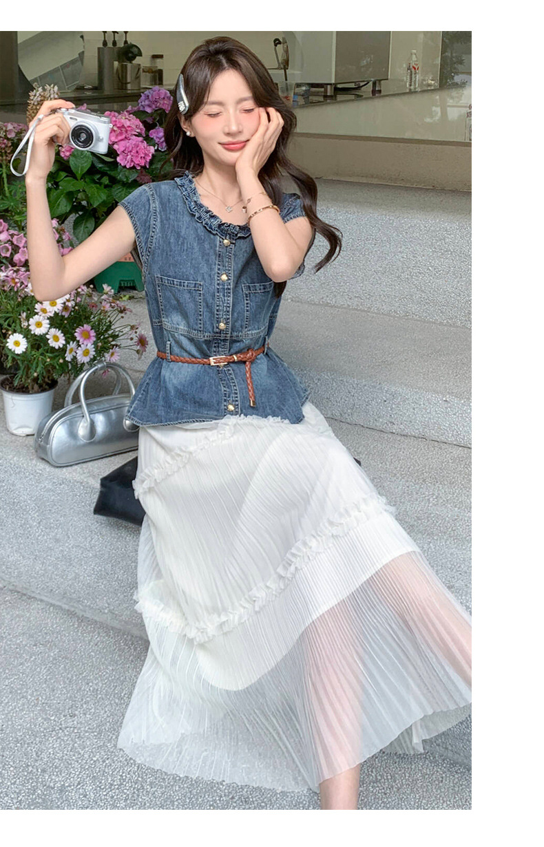 Bộ yếm quần denim không tay kết hợp chân váy ngắn nữ 2 món mùa hè 2026 — Màu ảnh chi tiết 12