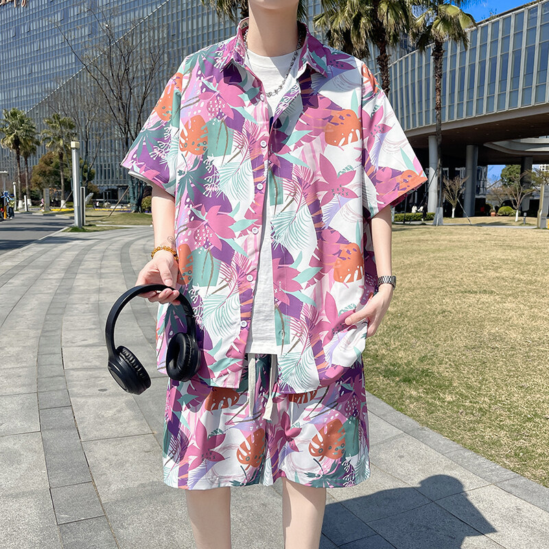 Hawaiian Flower Shirt Men's Summer Sanya Travel Seaside Wear a Complete Set of Ice Silk Quick-Drying Casual Sports Suit