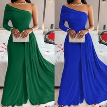 外贸跨境欧美女装temu速卖通ebay亚马逊2024斜肩连衣裙晚礼裙