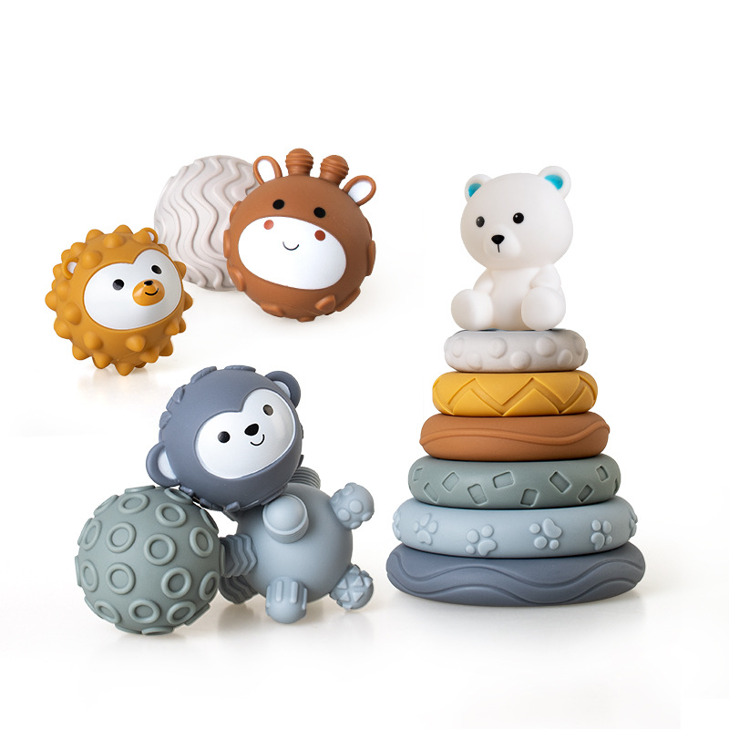 Juguetes transfronterizos de agarre de mano para bebés y niños pequeños, bloques de bloques de goma suave, círculos apilados, pellizcos para bebés, juguetes apilados de bolas image 17