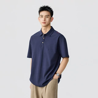 高端美式复古纯棉休闲短袖T恤男士2026夏款宽松简约Polo衫上衣男