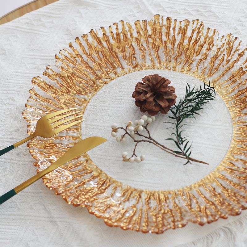 Creative Electroplated Golden Coral Plate Glass Plate Western Food Plate Home Wedding Simple Hotel Steak Pad Plate Fruit Plate