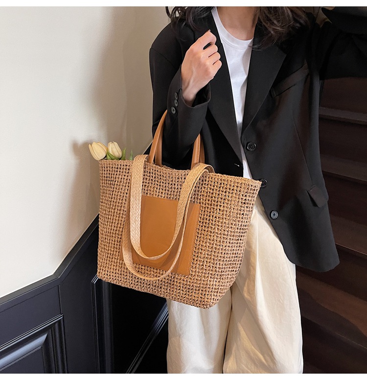 Large Woven Beach Tote Bag For Women Stylish Hollow Out Handbag_voghion.com