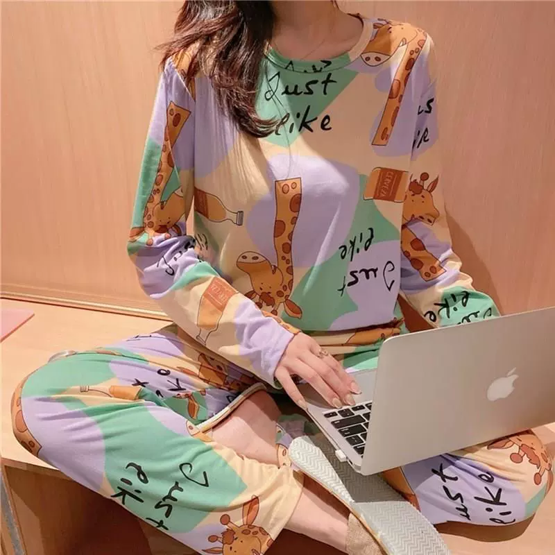 ins韩版甜美可爱睡衣女长袖春秋圆领学生休闲减龄女士家居服套装