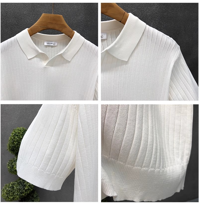 Herren Polohemd Gestrickt Gestreift Eisseide Kurzarm V-ausschnitt_voghion.com