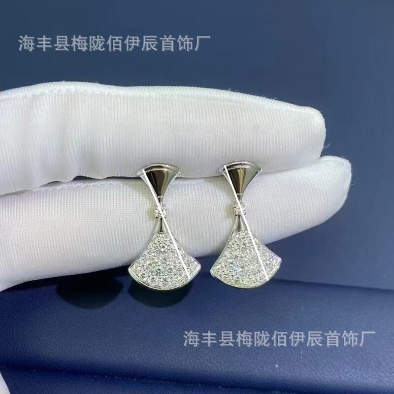 Baojia Small Skirt Earrings Malachite Fan-Shaped Diamond Internet Celebrity Fan Autumn and Winter Full Diamond Earrings for Women