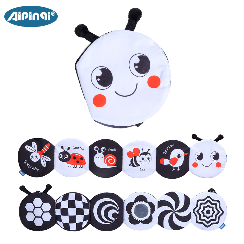 Aipinqi nuevo libro de tela de cama blanco y negro Bebé plegable libro de tela tridimensional Bebé mordedura cognitiva Juguetes