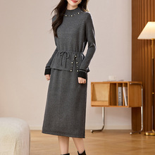 重工钉珠时尚休闲毛针织套装拼接半身裙上衣女早秋新款修身打底衫
