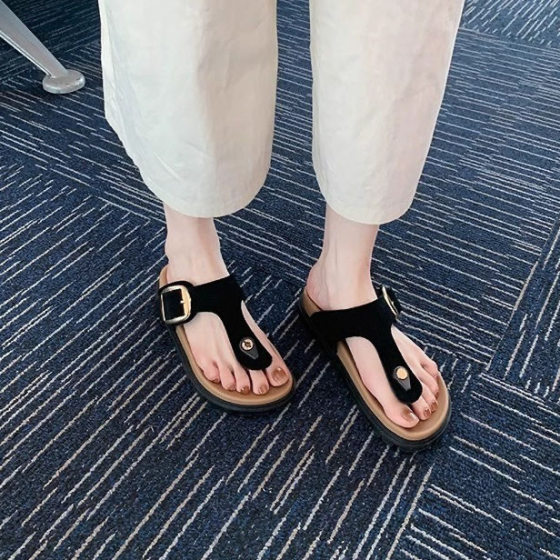 New Thick Bottom Slippers Women's Chaboken Outer Wear Thick Bottom Slip-on Anti-slip Fashion Square Buckle Thick Bottom Slippers Flip-flops Slippers Batch