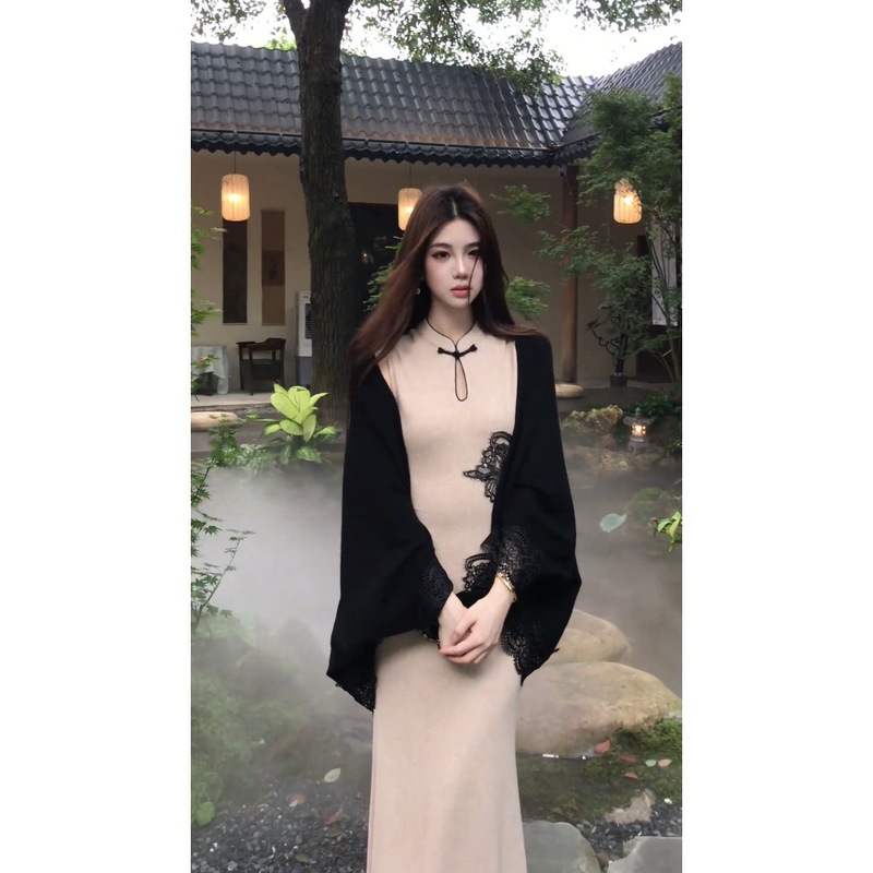 新中式国风秋季新款无袖旗袍连衣裙女蕾丝拼接披肩套装|undefined