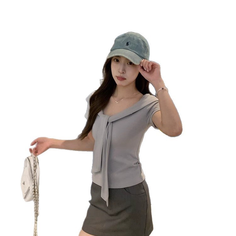 パープルピュアセクシースクエアネック半袖Tシャツ女性用2025夏薄いスリムホットガールショールトップ|undefined