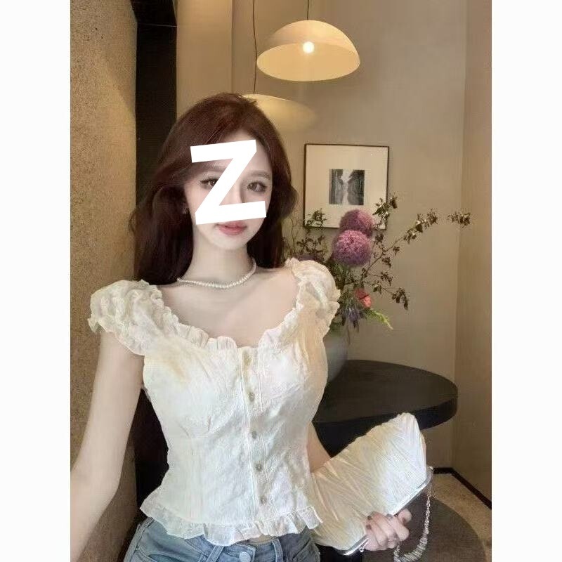 Chic and Unique Lace Shirt with Ruffled Edges for Petite Girls, New Summer Style, Pure and Alluring Short Top Chic and Unique Lace Shirt with Ruffled Edges for Petite Girls, New Summer Style, Pure and Alluring Short Top