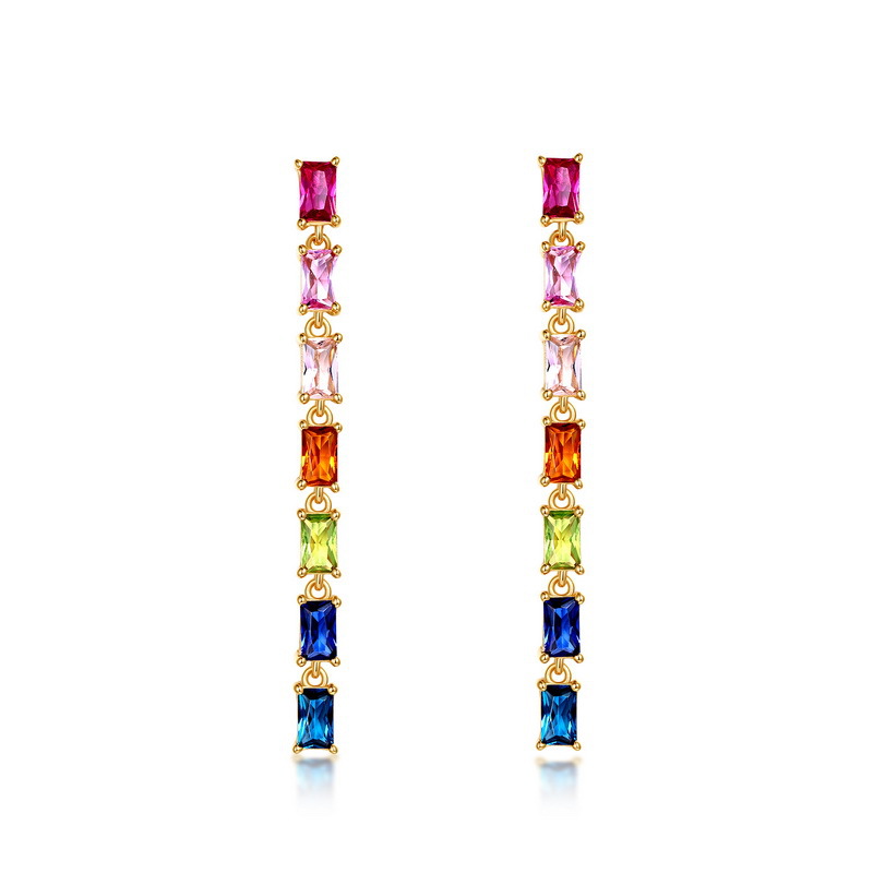 Pendientes de circonita de arco iris largos transfronterizos nuevos Pendientes de lujo ligero de circonio multicolor con incrustaciones de plata S925 simple y elegante