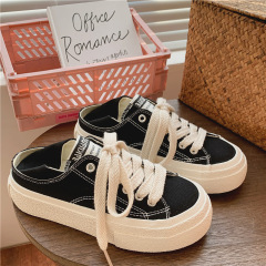 學生懶人休閒踩腳帆布鞋女2023夏季新款平底兩穿透氣韓版小白鞋子