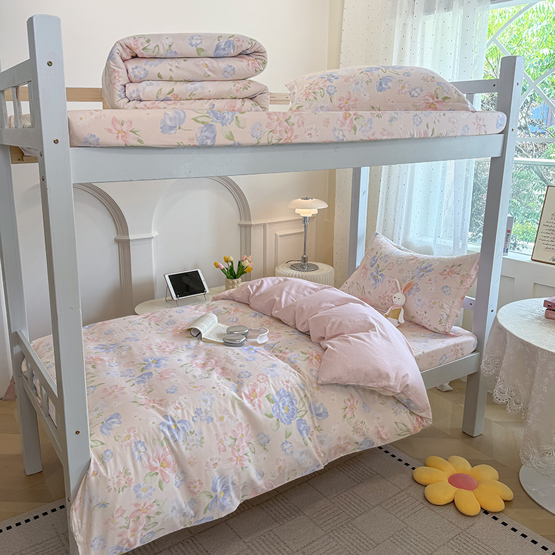 Juego de cama de dormitorio de estudiantes universitarios de tres piezas de algodón puro algodón lavado de algodón sábana individual funda de edredón juego de cama de cuatro piezas