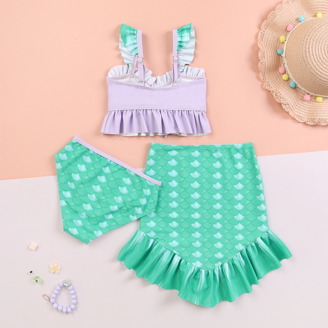 New Girls' Two-piece Swimsuit Fish Scale Skirt Swing Three-piece Baby Girl Swimsuit Comfortable High Elastic High Quality Swimsuit display picture 5