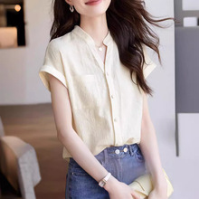 V领棉麻提花短袖衬衫女2024夏季新款韩版时尚休闲质感连肩袖衬衣