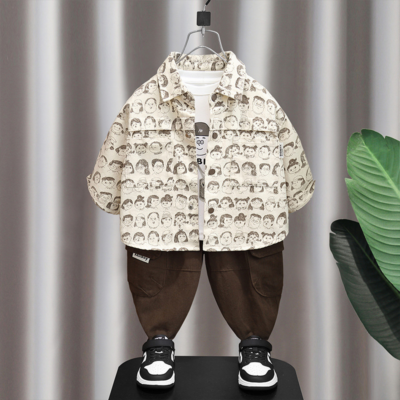 6233 conjunto de niños primavera y otoño 2025 nuevo chaqueta de camisa de aire extranjero para niños ropa de otoño roja de tres piezas