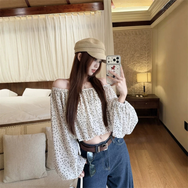 Original Chiffon Double-Layered Berlin Kla Style One-Shoulder Polka Dot Top for Women, New Spring Short Long-Sleeve Blouse