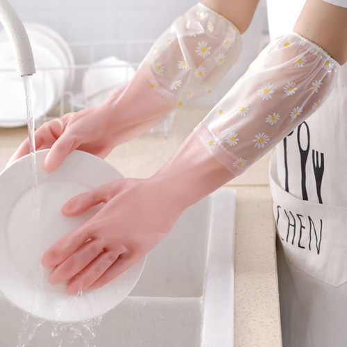 Women's dishwashing gloves thickened housework kitchen durable laundry long gloves plus velvet rubber waterproof household