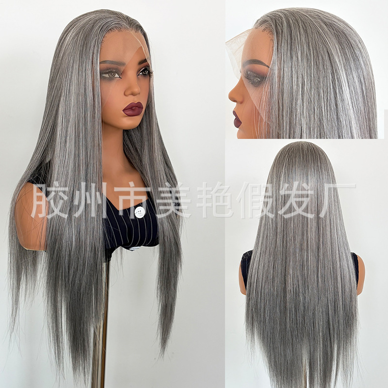 Flower Gray Front Lace Wig 13*4 Front Lace Wig Granny Gray Long Straight Hair Natural Hairline Wig