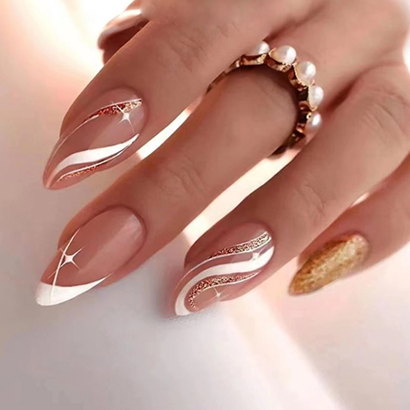 European and American Almond Armor with French Ripple Glitter Pattern Ins Style Sweet Fashion White Fake Nail Dressing Armor European and American Almond Armor with French Ripple Glitter Pattern Ins Style Sweet Fashion White Fake Nail Dressing Armor