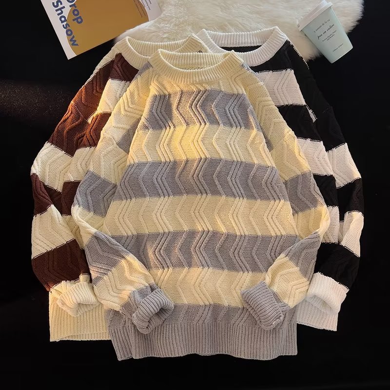 Herren Strickpullover Gestreift Retro Rundhals College Stil_voghion.com