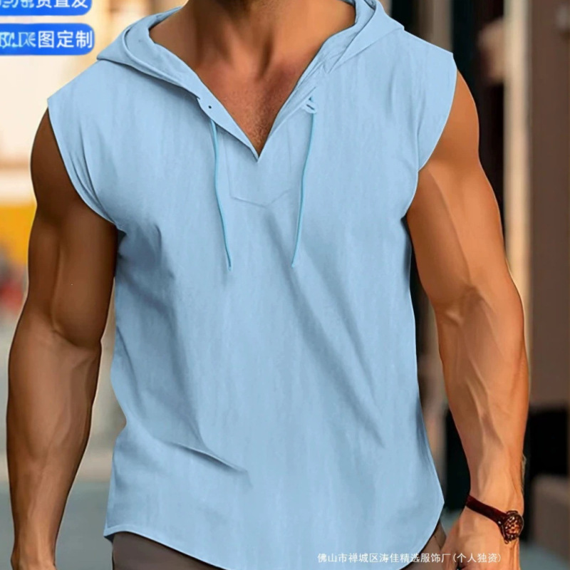 New Summer Men's Vest European and American Style Drawstring Hooded Pullover Casual Sports Thin Breathable European Size Solid Color