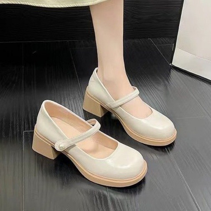 2026 primavera y otoño zapatos de cuero redondos de perla de cuero suave francés zapatos de mujer de tacón grueso zapatos de noche