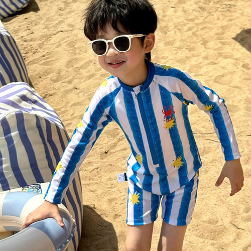 Summer Children's Long-Sleeve One-Piece Swimwear for Boys and Girls, Cute Crab Style Hot Spring Vacation Quick-Dry Swimsuit
