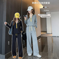 刺绣小马运动休闲卫衣套装女秋季新款慵懒风宽松阔腿裤两件套0199