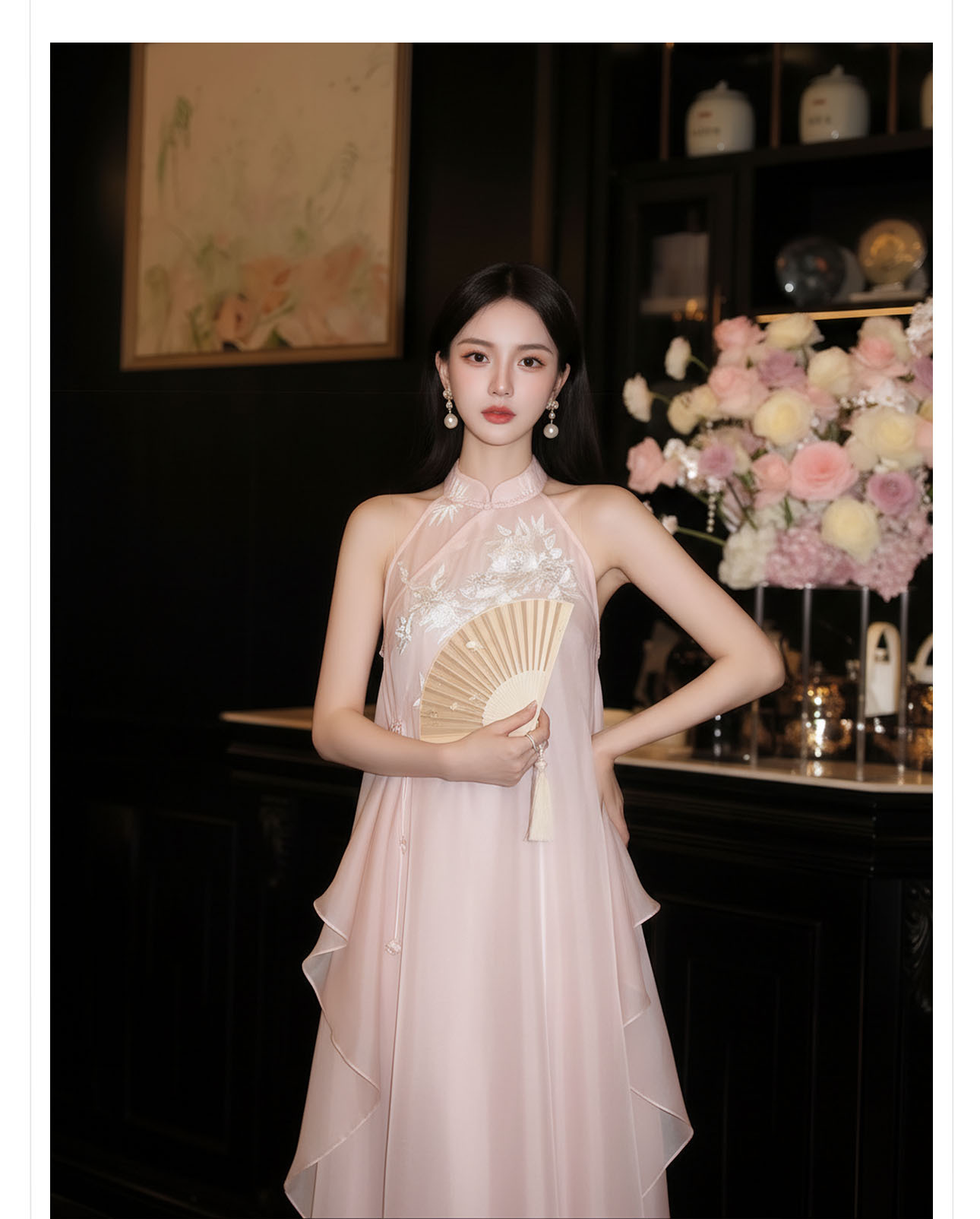 Đầm maxi thêu hoa phong cách Trung Hoa cổ điển, chất vải mỏng nhẹ mùa hè, tay lỡ, thắt eo — hồng chi tiết 7