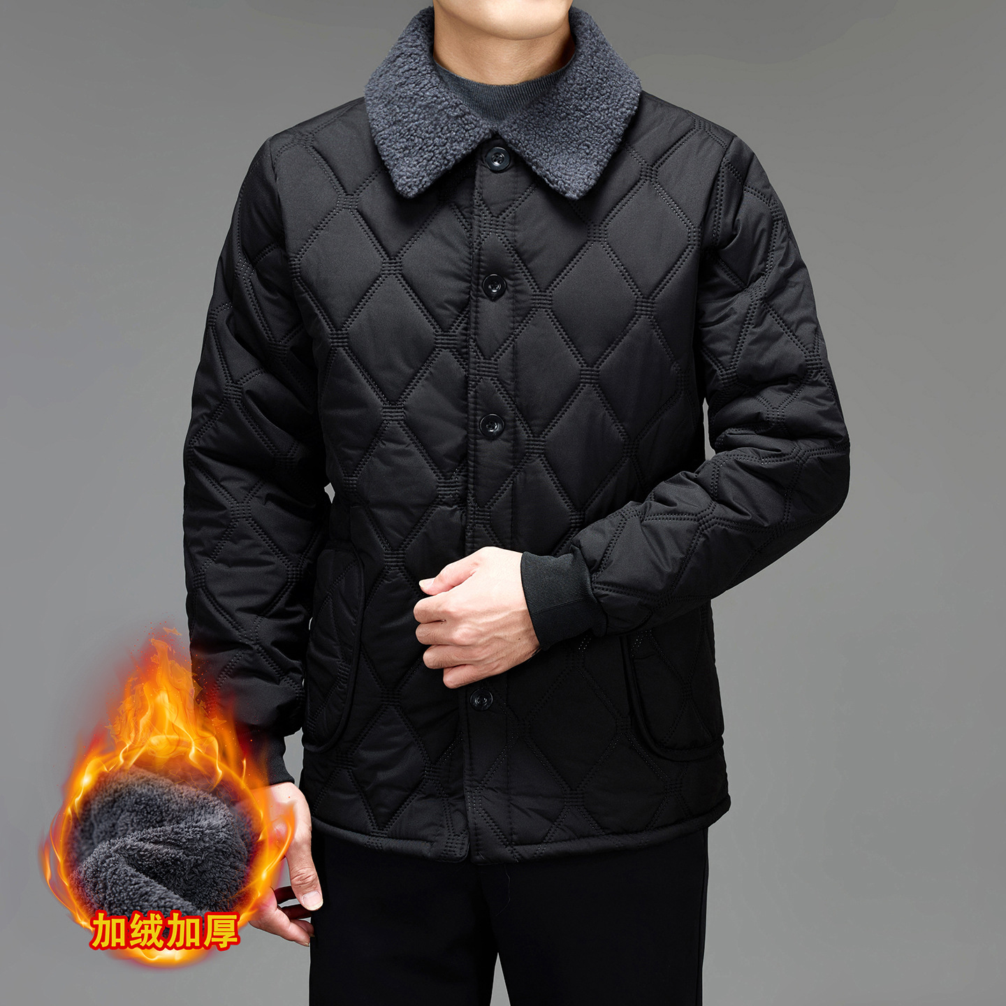 冬季男士羊羔毛领棉服菱形格加绒加厚保暖宽松中年休闲夹克外套潮