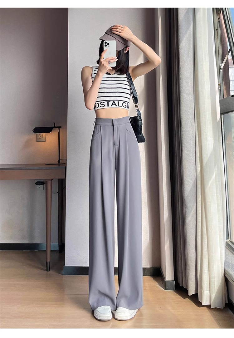 Quần tây nữ cạp cao ống đứng chất lụa băng mỏng mùa hè — Màu đen mẫu thông thường chi tiết 47