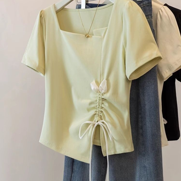 大きいサイズの不規則な巾着スクエアネック半袖Tシャツ、女性用、夏の新しいスタイル、太めの女性向け、ゆったり、スリム、多用途のアウタートップス|undefined