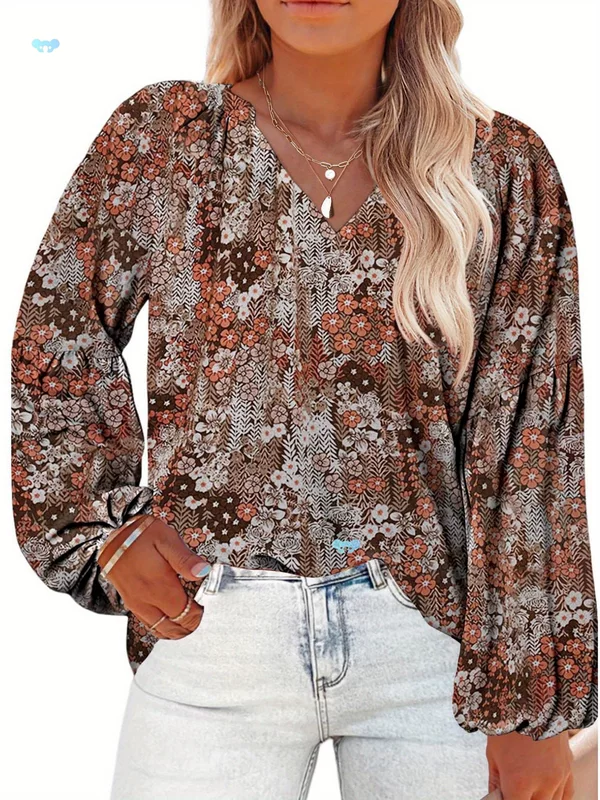 Женская блузка большого размера Boho с флористическим узором и V-образным вырезом, элегантная длинная, кросс-борт
