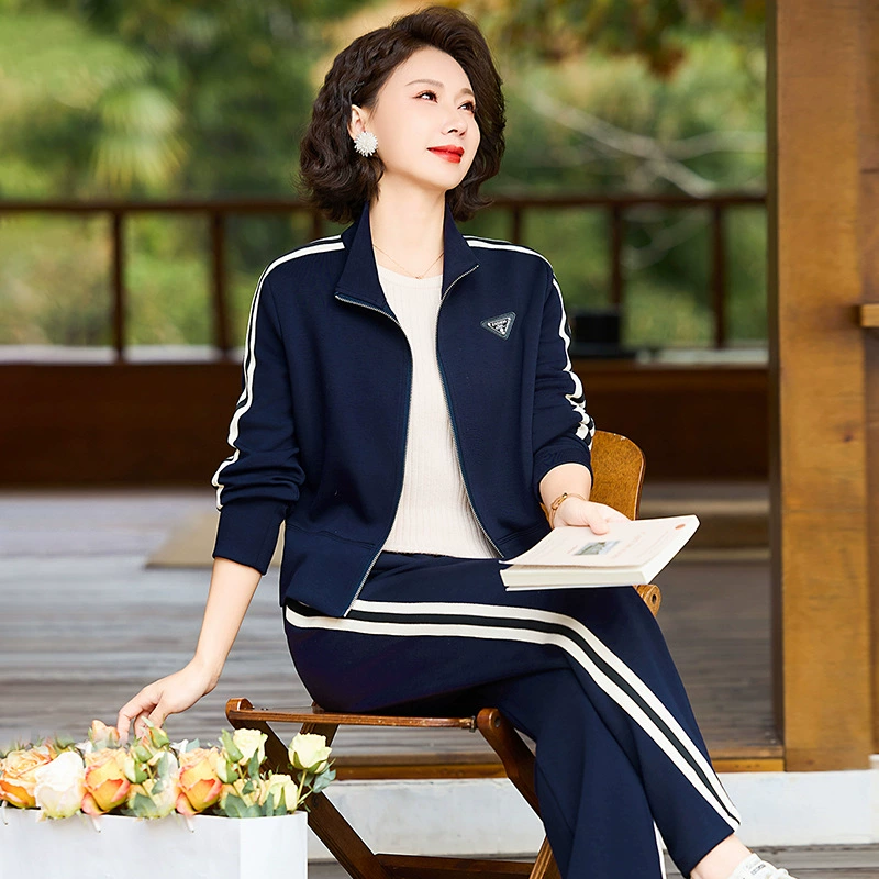Мода мама повседневный набор из двух частей с отворотом и молнией топ куртка брюки средняя и пожилая женщина весна и осень новая