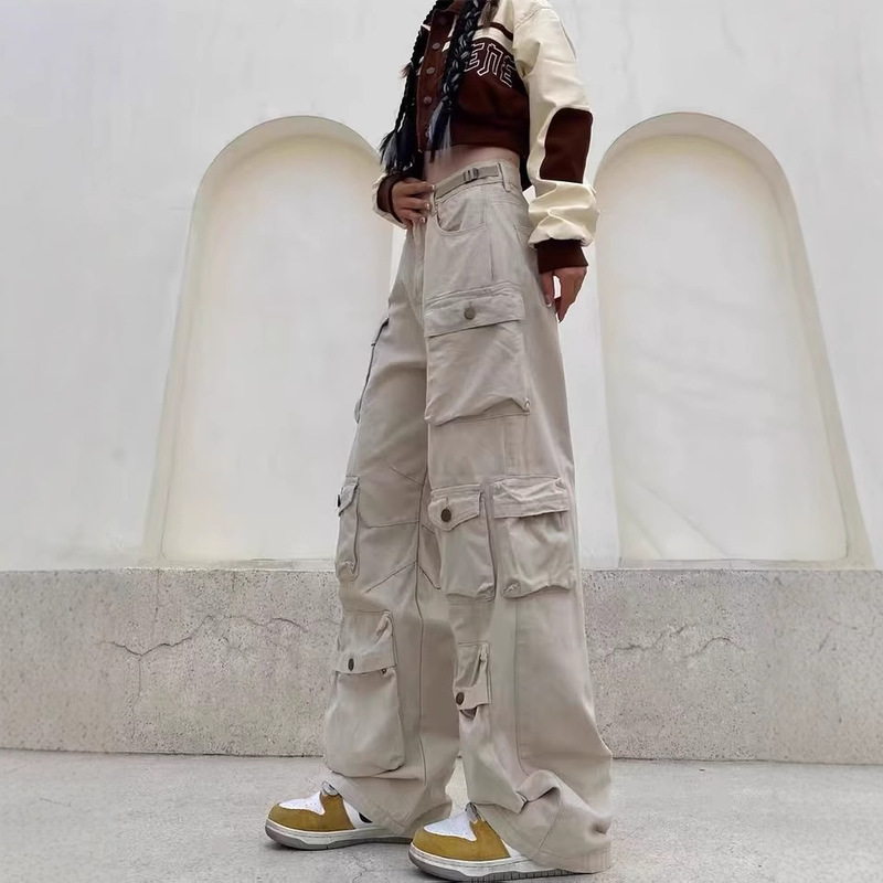 Tall American Style Street Wide Leg Cargo Pants Women's High Street Straight Slimming Design Sense Multi-Pocket Casual Trendy Pants