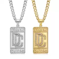 Trending Hip Hop Jewelry Titanium Steel Gold Plated Diamond DC Letter Dog Tag Pendant Necklace
