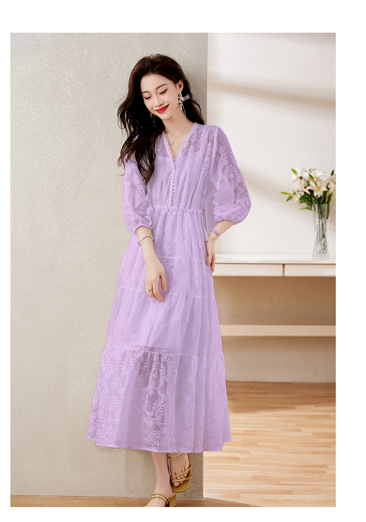Đầm maxi nữ cổ V thắt eo dáng dài thanh lịch NY1608 — xanh lam, màu tím, màu vàng chi tiết 30
